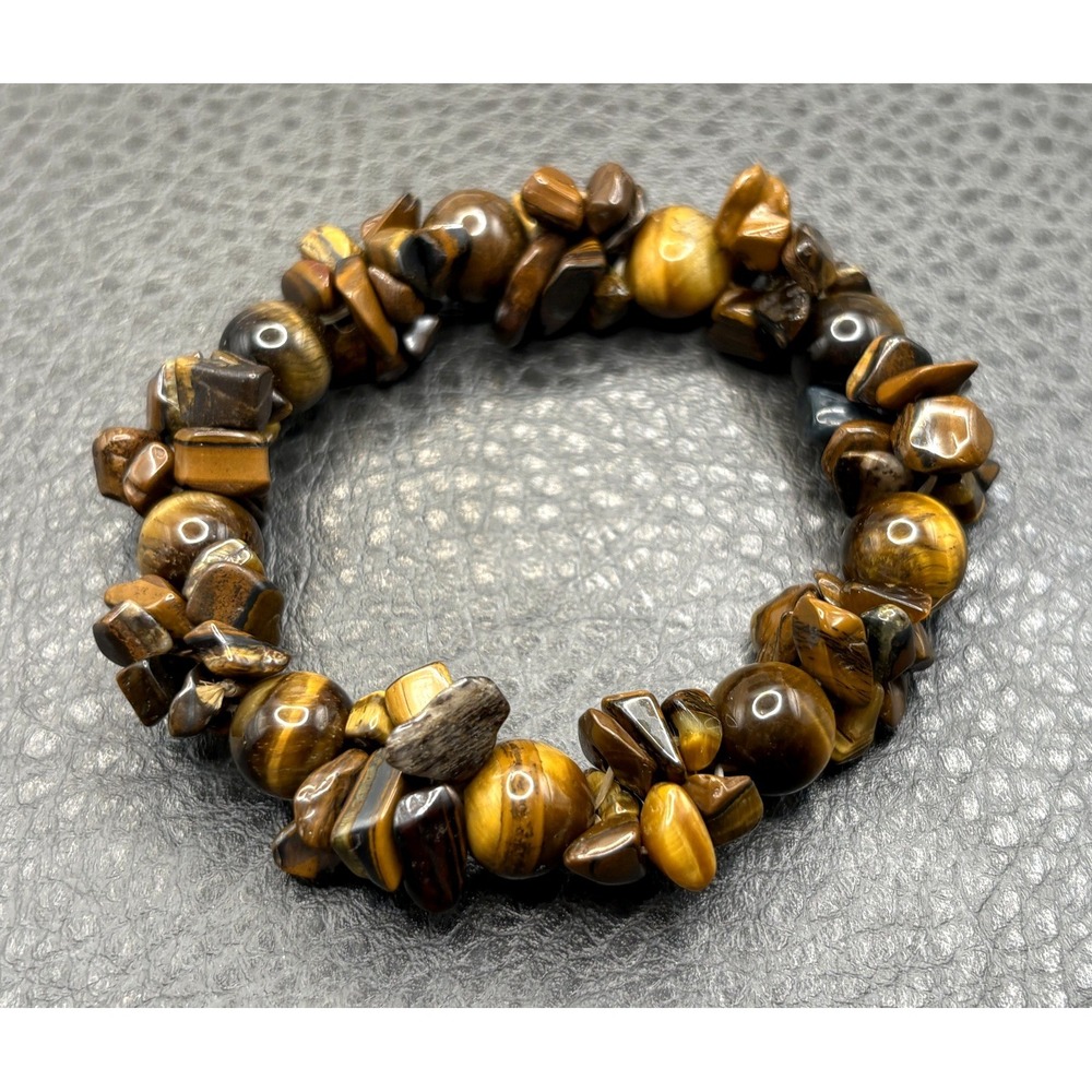 Tiger Eye Stone Chip Beaded Bracelet w/ Brass Accents